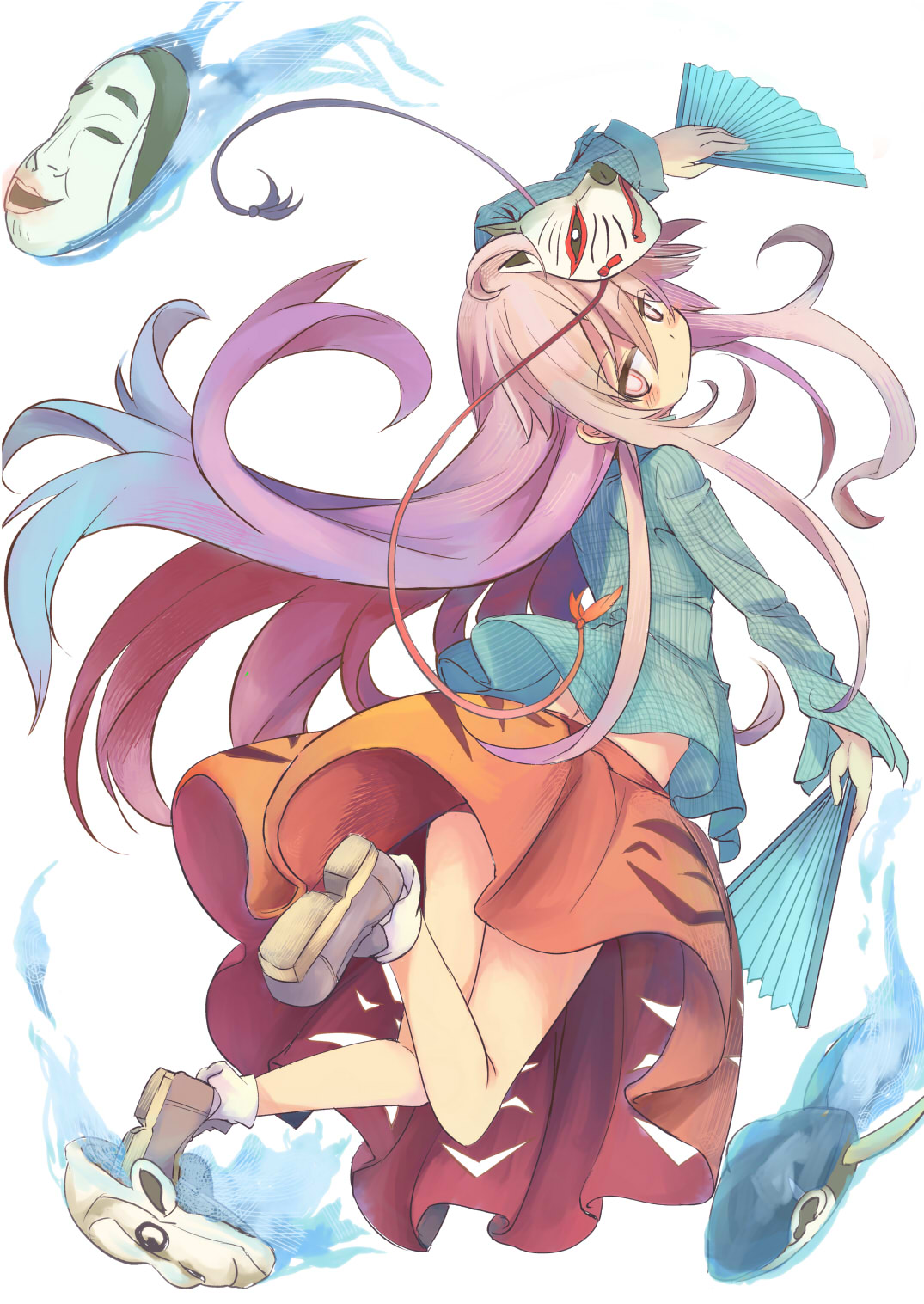 1girl, bow, dancing, dual_wielding, expressionless, face_mask, fan, fox_mask
