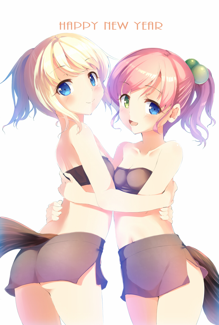 2girls, :d, bandeau, bare_shoulders, blue_eyes, cornet_mariveninne, esia_mariveninne, hair_bobbles