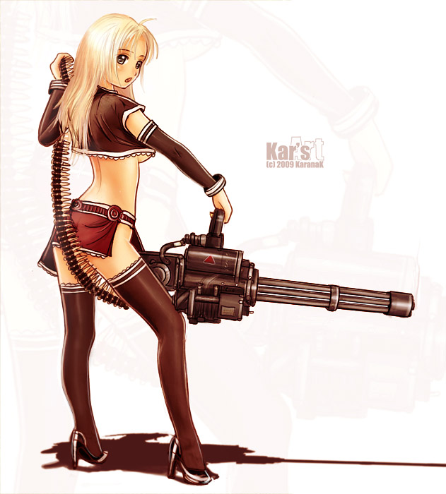 blonde_hair, bracelet, breasts, detached_sleeves, gatling_gun, girl, green_eyes, gun
