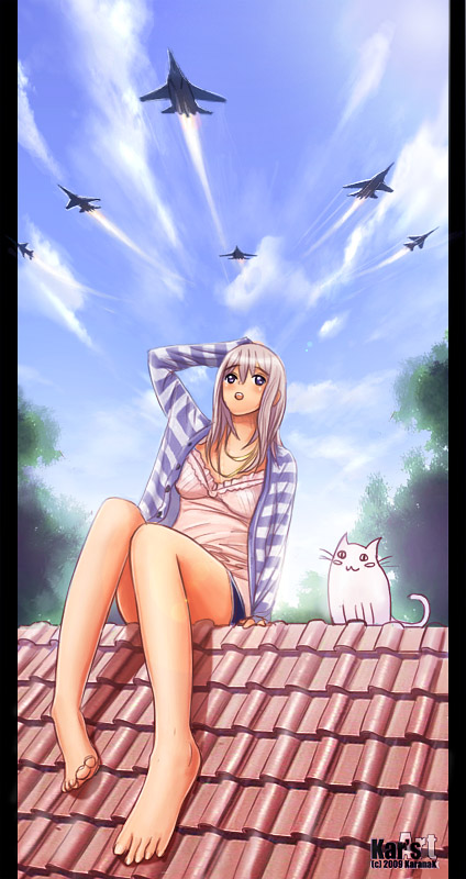 airplane, bad_feet, barefoot, blue_eyes, blue_sky, cat, cloud, clouds