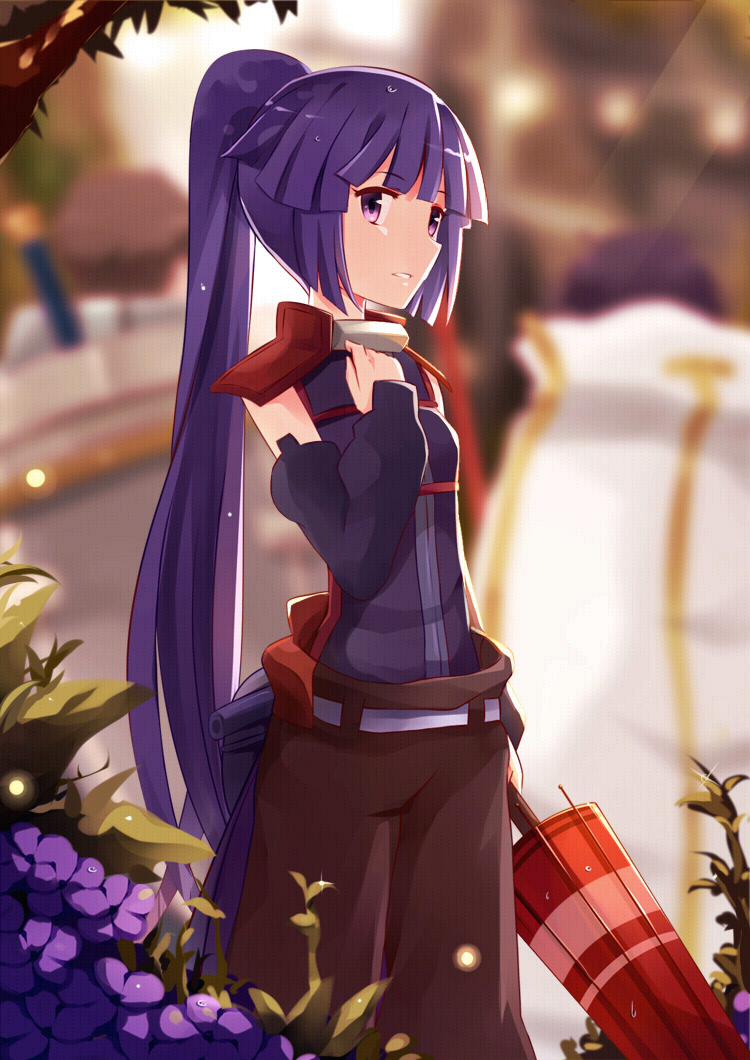 1girl, akatsuki_(log_horizon), detached_sleeves, flower, log_horizon, long_hair, mmrailgun, ninjatou