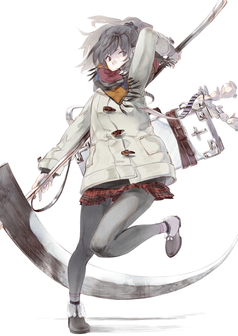 black_eyes, black_hair, boots, case, coat, highres, long_hair, miso_ni, original, pantyhose, rabbit, scarf, scythe, skirt, socks, standing_on_one_leg, winter_clothes
