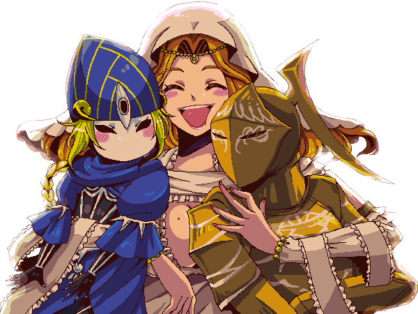 armor, blonde_hair, braid, brown_hair, dark_souls, helmet, hug, lady_of_the_darkling