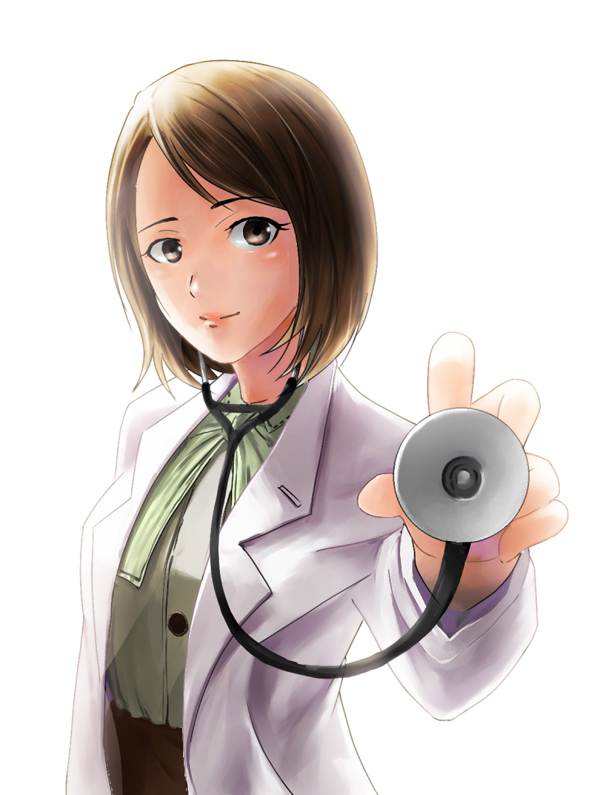 brown_eyes, brown_hair, hands, ikuyoan, labcoat, lips, metal_gear_solid, metal_gear_solid_3, para-medic_(mgs3), short_hair, smile, solo, stethoscope