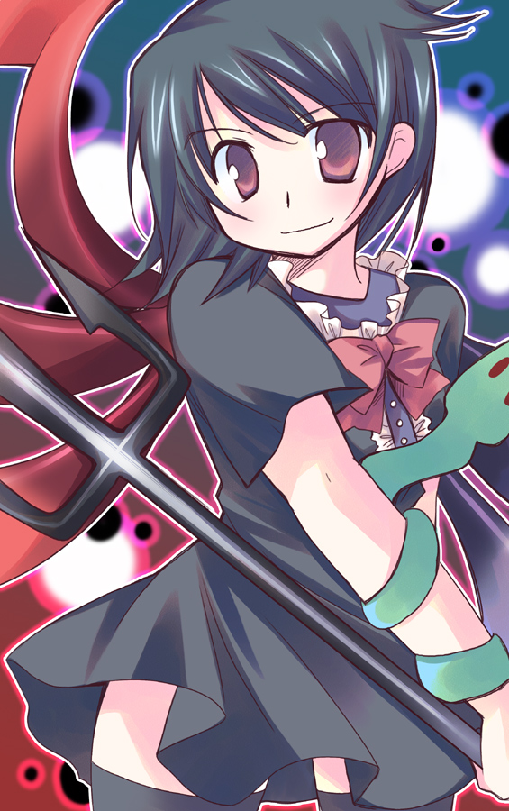 black_legwear, black_thighhighs, dress, houjuu_nue, mizuki_toko, mizukikoto, polearm, red_eyes