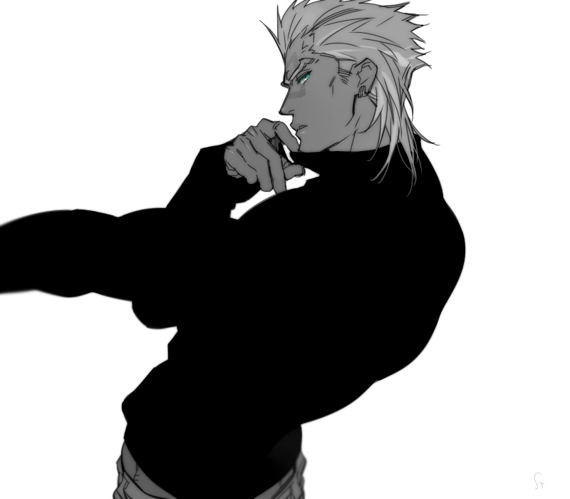 1boy, blue_eyes, earrings, facial_mark, greyscale, jewelry, jojo_no_kimyou_na_bouken, looking_at_viewer