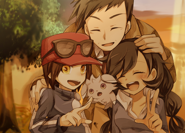 1girl, 2boys, blush, brown_hair, calme_(pokemon), closed_eyes, espurr, handsome_(pokemon)