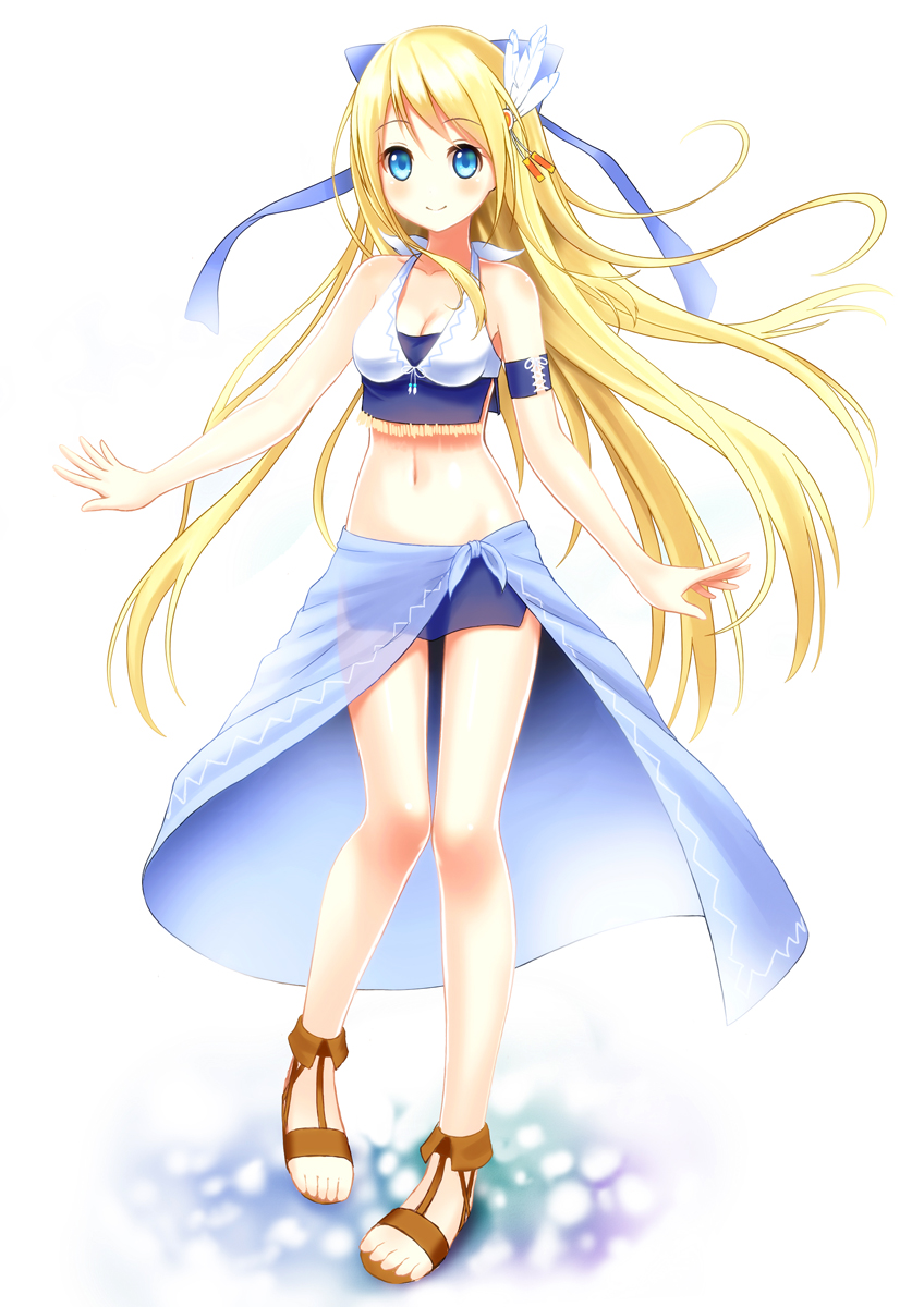 1girl, armlet, bare_shoulders, blonde_hair, blue_eyes, blush, feathers, gargantia_contest