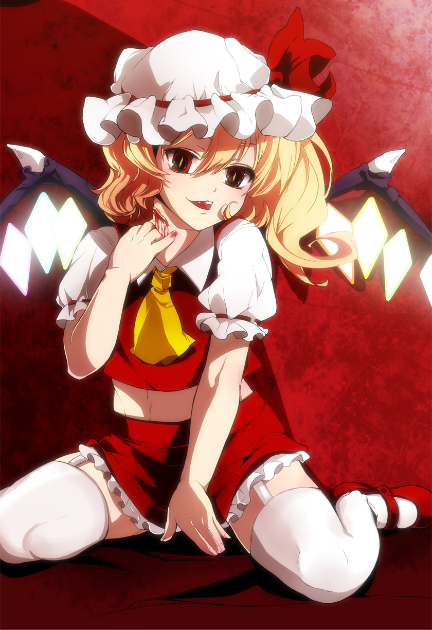 1girl, ascot, biting_tongue, blonde_hair, blood, flandre_scarlet, garter_straps, glowing