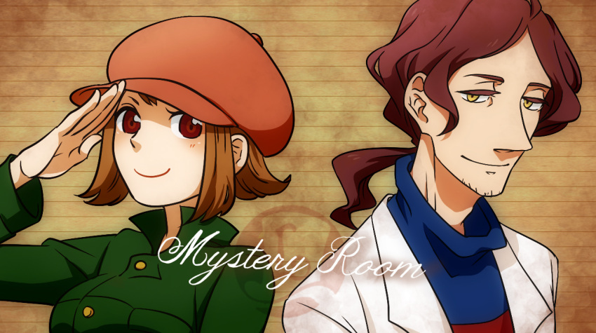 1boy, 1girl, alfendi_layton, bangs, blush, brown_hair, cabbie_hat, colored_eyelashes, copyright_name, detective, english, facial_hair, flipped_hair, hat, labcoat, looking_at_viewer, lucy_creila, parted_bangs, ponytail, professor_layton, red_eyes, salute, short_hair, smile, striped, striped_background, stubble, turtleneck, wavy_hair, yellow_eyes