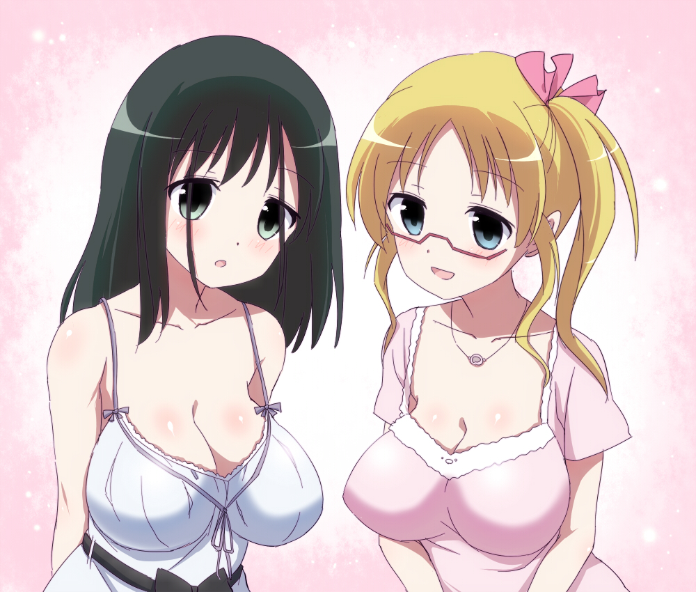 2girls, arms_behind_back, black_eyes, black_hair, blonde_hair, blue_dress, blue_eyes, blush, breasts, cleavage, dress, glasses, hair_ribbon, jewelry, large_breasts, leaning_forward, long_hair, looking_at_viewer, multiple_girls, necklace, nobu0, open_mouth, pink_dress, ribbon, saki, senoo_kaori, side_ponytail, smile, spaghetti_strap, touyoko_momoko