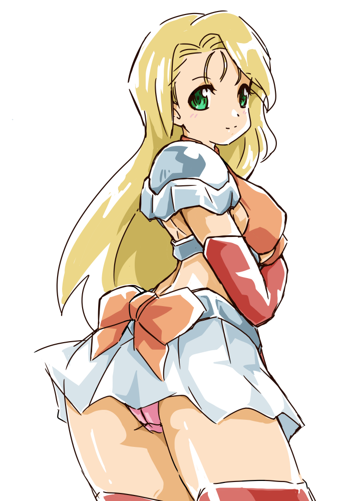 1girl, blonde_hair, bow, green_eyes, long_hair, looking_back, miniskirt, nami_koishikawa, nami_sos!, okuri_ookami, panties, pink_panties, ribbon, shoulder_pads, skirt, smile, solo, thighhighs, underwear, white_background