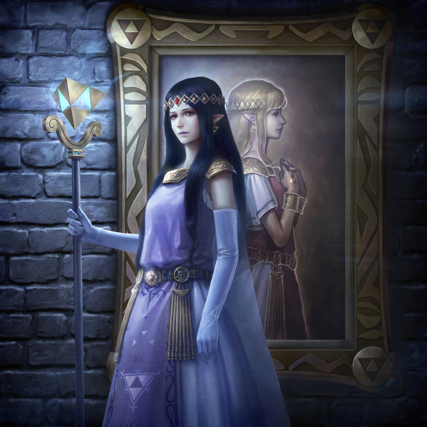 2girls, a_link_between_worlds, absurdres, ag+_(atelieriji), belt, blonde_hair, crown, dark