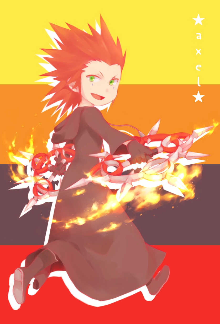 1boy, axel, chakrams, cloak, facial_mark, fire, gloves, green_eyes