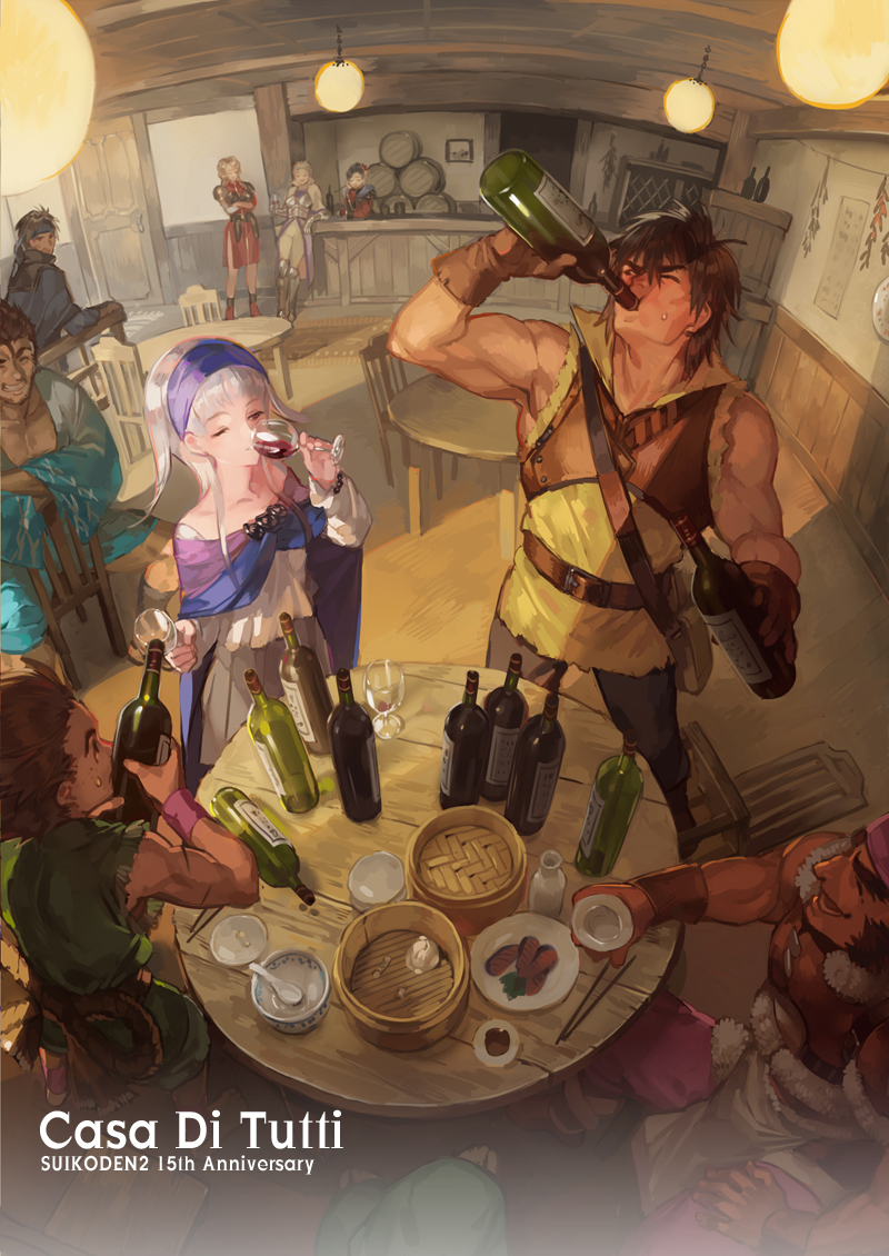 4girls, 5boys, alcohol, anita_(suikoden), anniversary, bar, barrel, boots