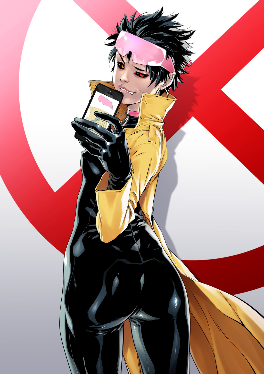 2ngaw, ass, biting, black_sclera, bodysuit, fang, highres, jubilee, lip_biting, long_coat, long_hair, looking_back, marvel, red_eyes, self_shot, sunglasses, sunglasses_on_head, vampire, x-men