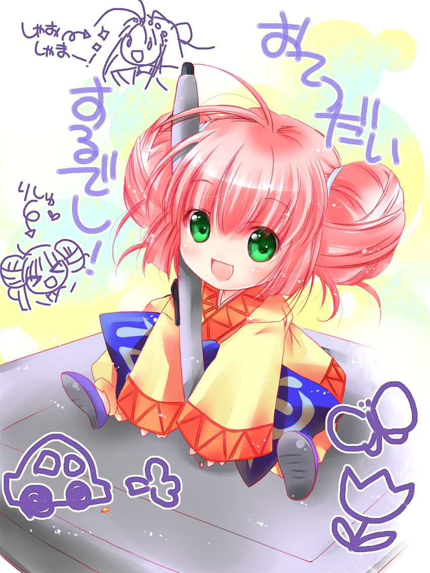 1girl, ahoge, double_bun, green_eyes, highres, mamotte_shugogetten!, minigirl, pink_hair, rishu_(mamotte_shugogetten!), short_hair, shugogetten_shaolin, sitting, smile, solo, yuuki_sara