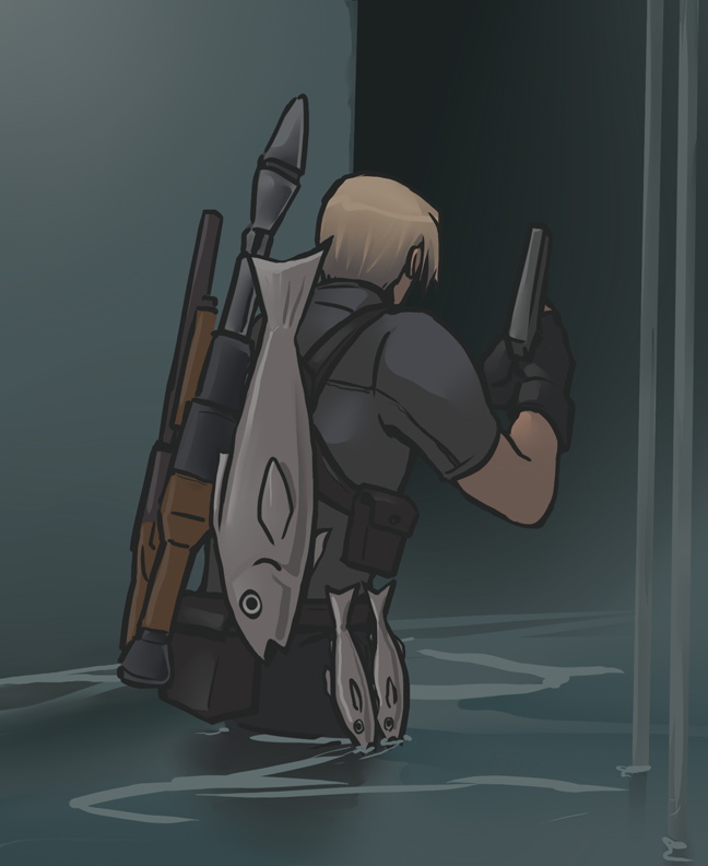 back, blonde_hair, fish, from_behind, gun, leon_s_kennedy, male, resident_evil