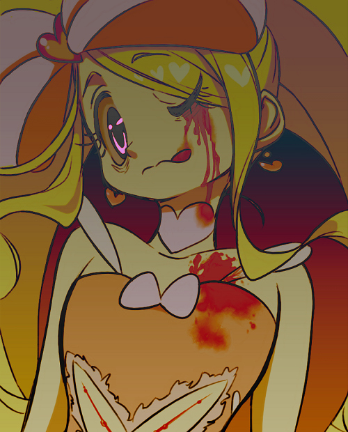 1girl, blonde_hair, blood, bow, earrings, hair_bow, harime_nui, injury