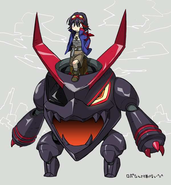 1girl, black_hair, cosplay, creator_connection, goggles, goggles_on_head, hands_in_pockets, kill_la_kill, lagann, matoi_ryuuko, mecha, mechanization, mizuiroregent, senketsu, simon, simon_(cosplay), tengen_toppa_gurren_lagann