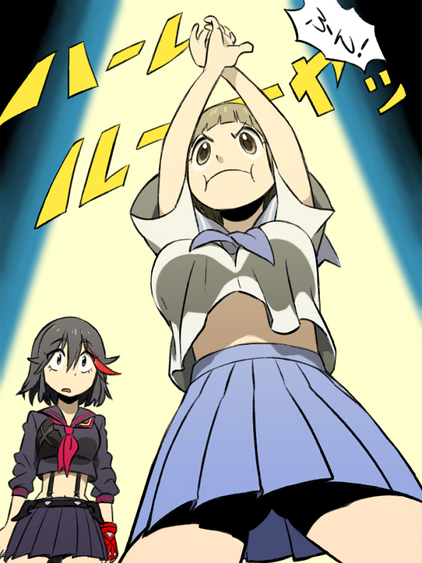 2girls, :i, arms_up, black_hair, brown_eyes, brown_hair, from_below, kill_la_kill