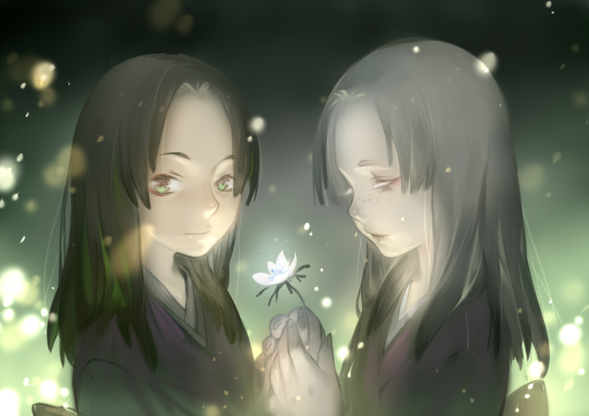 2girls, black_hair, fireflies, flower, glowing, green_eyes, highres, hinata_(mushishi), hiyori_(mushishi), japanese_clothes, kimono, luman, multiple_girls, mushishi, siblings, silver_hair, sisters, twins