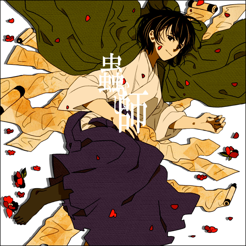 0095n, 1girl, black_hair, copyright_name, flower, japanese_clothes, mushishi, petals, scroll, short_hair, tanyuu_(mushishi)