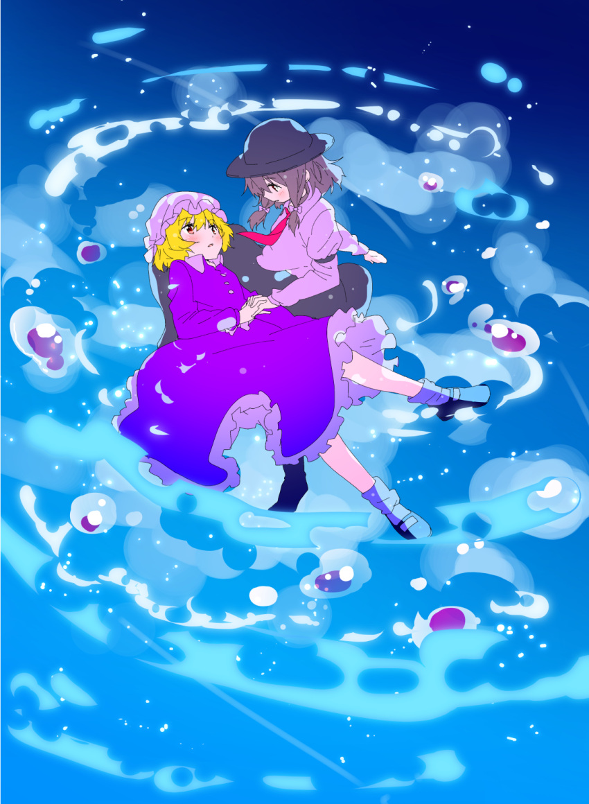 2girls, blonde_hair, bow, brown_eyes, brown_hair, dress, ema20, floating