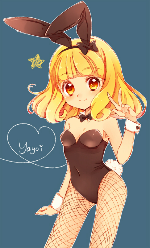 1girl, animal_ears, blonde_hair, bowtie, bunnysuit, character_name, detached_collar, fake_animal_ears