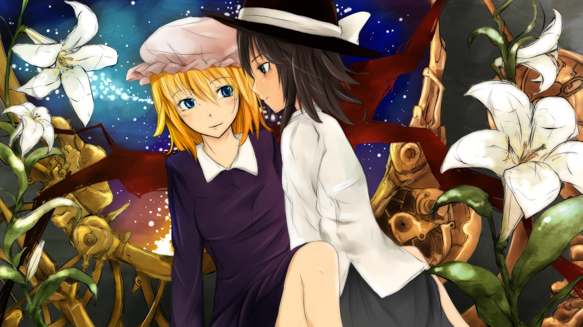 2girls, 2nd, blonde_hair, blue_eyes, brown_hair, dress, flower, hair_between_eyes