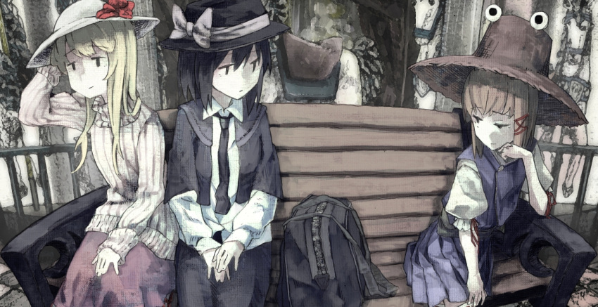 3girls, adapted_costume, bag, bench, black_hair, blonde_hair, bow, capelet, carousel, chin_rest, flower, grey, hat, hat_bow, hat_flower, maribel_hearn, moriya_suwako, multiple_girls, mura_(sensuido), necktie, pleated_skirt, pullover, purple_skirt, short_hair, skirt, touhou, usami_renko, v_arms, vertical_stripes