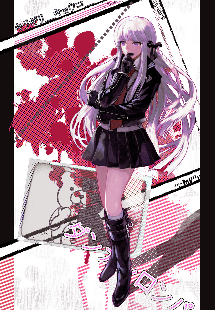 1girl, blood, boots, braid, dangan_ronpa, gloves, hair_ribbon, jacket