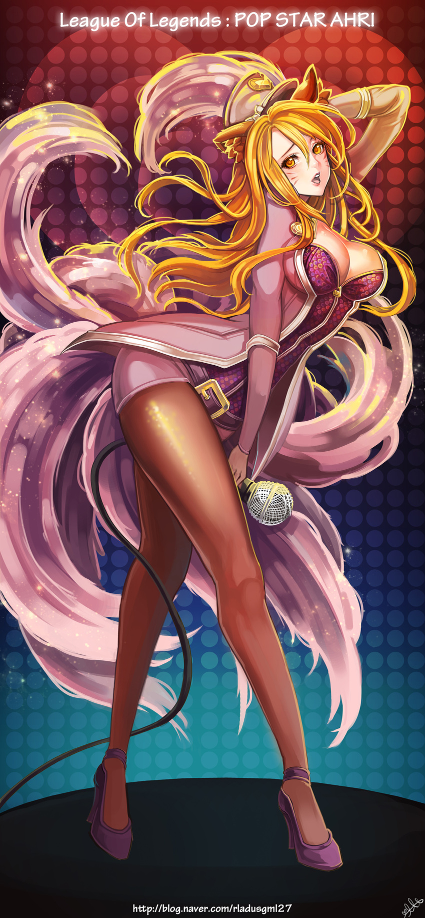 1girl, absurdres, ahri, animal_ears, black_legwear, blonde_hair, breasts, cleavage, fox_ears, fox_tail, hat, highres, league_of_legends, legs, microphone, miniskirt, multiple_tails, pantyhose, sinbe, skirt, tagme, tail, watermark, web_address, yellow_eyes