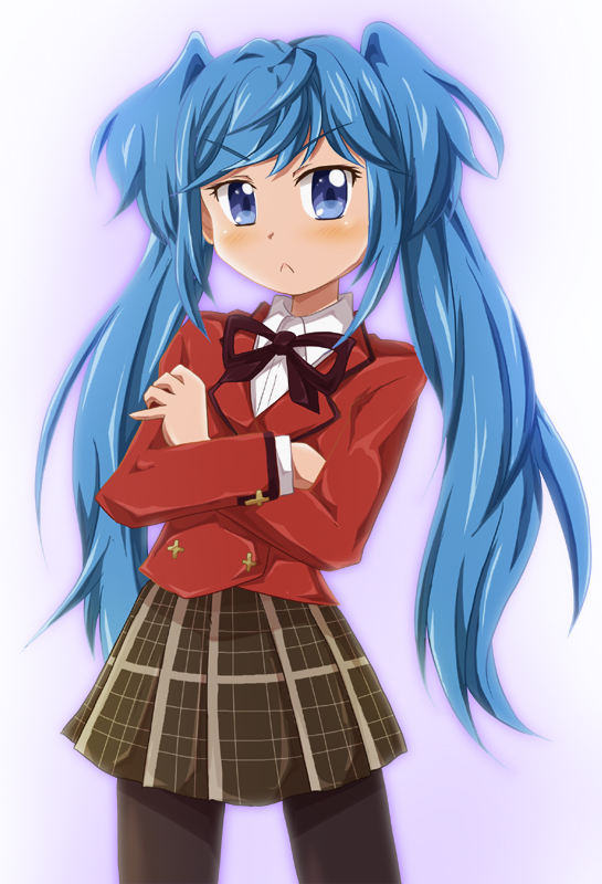 1girl, black_legwear, blue_eyes, blue_hair, blush, fantasista_doll, school_uniform, shishinon