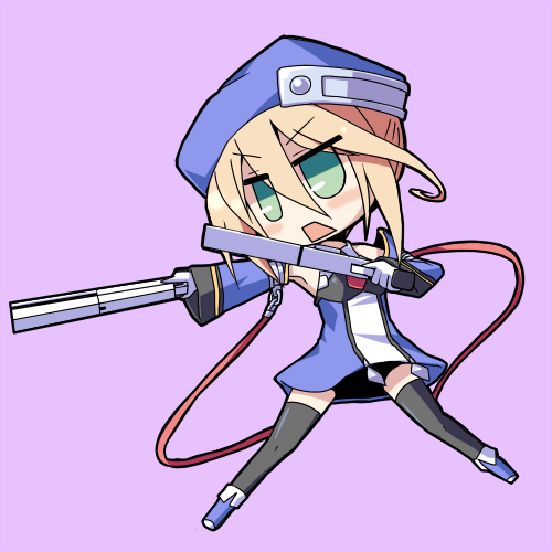 black_legwear, blazblue, blonde_hair, blush, chibi, detached_sleeves, dress, dual_wielding