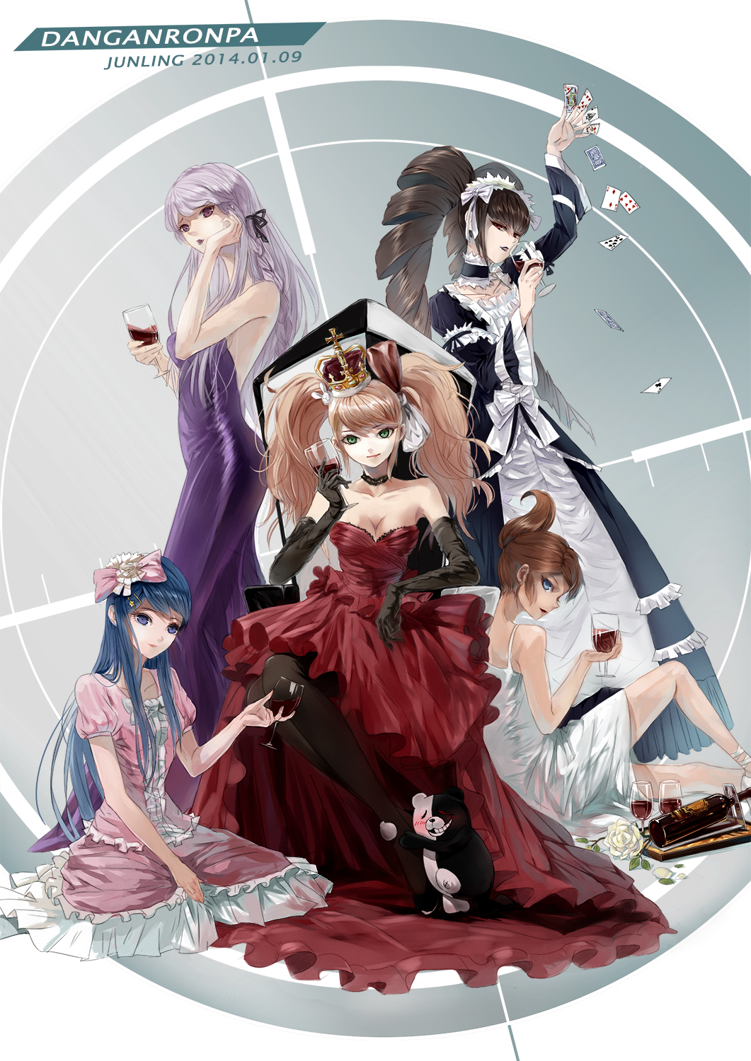 5girls, adapted_costume, asahina_aoi, black_hair, blue_eyes, blue_hair, braid, breasts, brown_hair, card, celestia_rudenberk, cleavage, cup, dangan_ronpa, dark_skin, drill_hair, elbow_gloves, enoshima_junko, gloves, gothic_lolita, hair_ornament, highres, jun_ling, kirigiri_kyouko, lolita_fashion, long_hair, maizono_sayaka, multiple_girls, pink_hair, playing_card, ponytail, purple_hair, red_eyes, twin_drills, twintails, violet_eyes, wine_glass