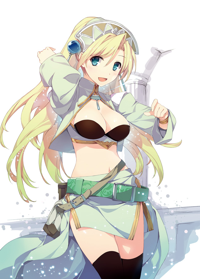 1girl, aqua_eyes, atelier_(series), atelier_marie_alchemist_of_salburg, black_legwear, blonde_hair, bracelet, breasts