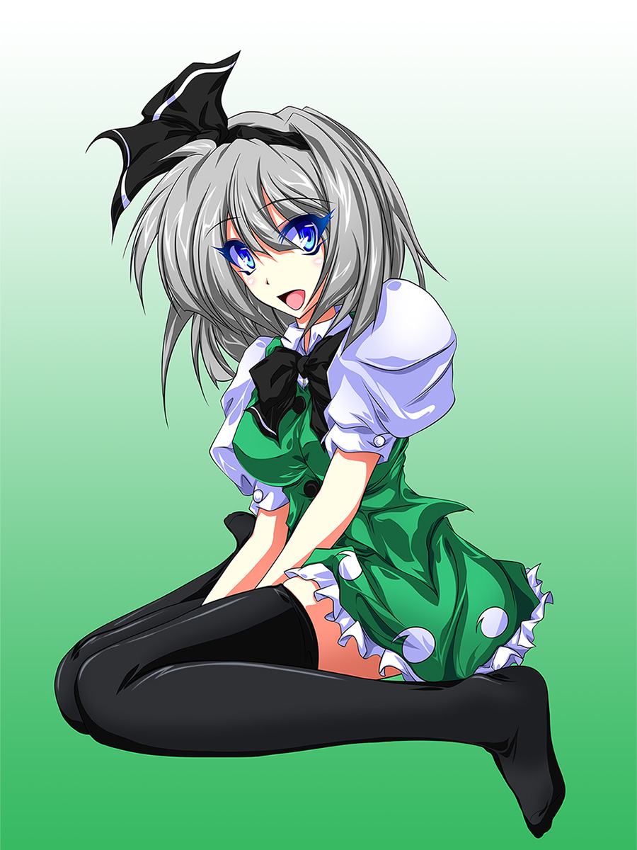 1girl, black_legwear, blue_eyes, bow, dokugiri, hair_bow, highres, konpaku_youmu