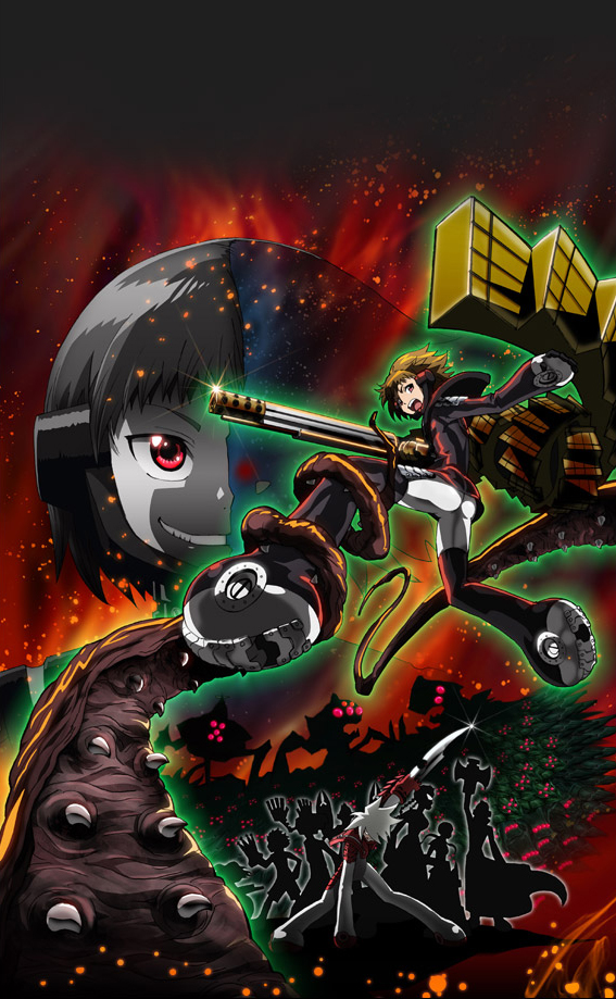 adam_muirhead, brown_hair, grin, gun, jess_beckham, mahesh_mirza, nobunagun, official_art