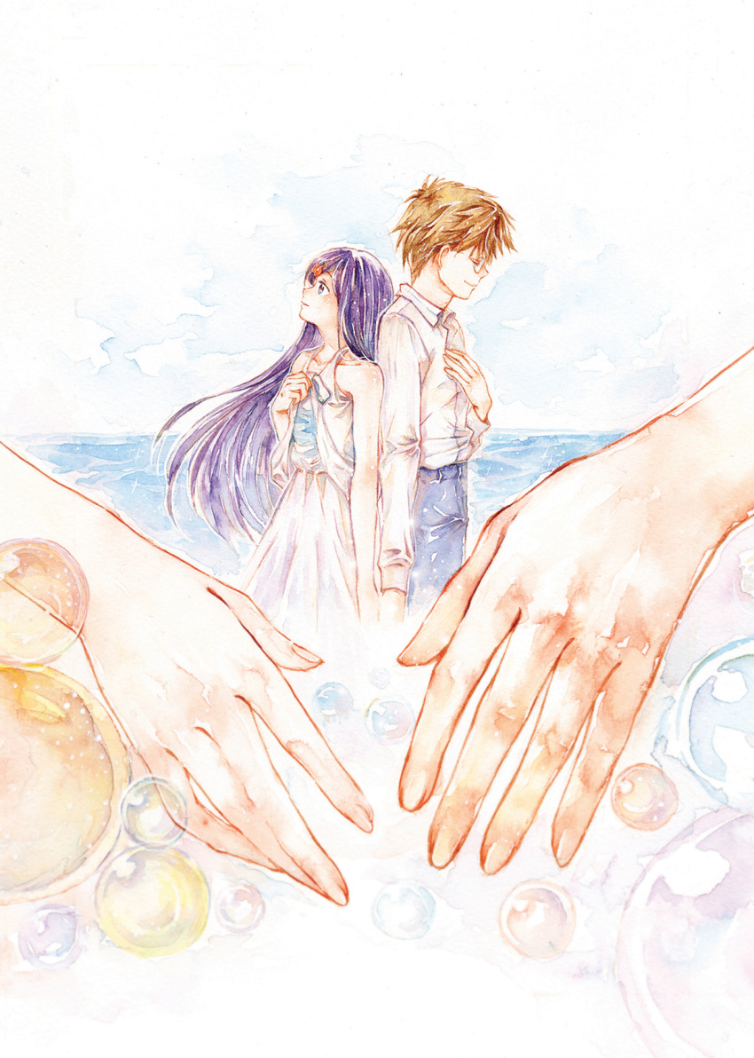 1boy, 1girl, back-to-back, brown_hair, bubble, closed_eyes, colored_pencil_(medium), glasses, hand_on_own_chest, hands, height_difference, highres, kchang57, long_hair, looking_up, original, profile, purple_hair, short_hair, traditional_media, water, watercolor_(medium)