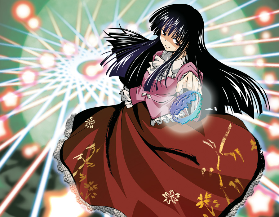 black_hair, danmaku, houraisan_kaguya, konoe_yuba, long_hair, long_skirt, red_eyes, skirt