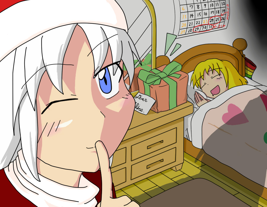 2girls, alice_margatroid, artist_request, blue_eyes, calendar, christmas_hat, cursive, english, multiple_girls, shinki, side_ponytail, silver_hair, tagme, touhou, touhou_(pc-98)