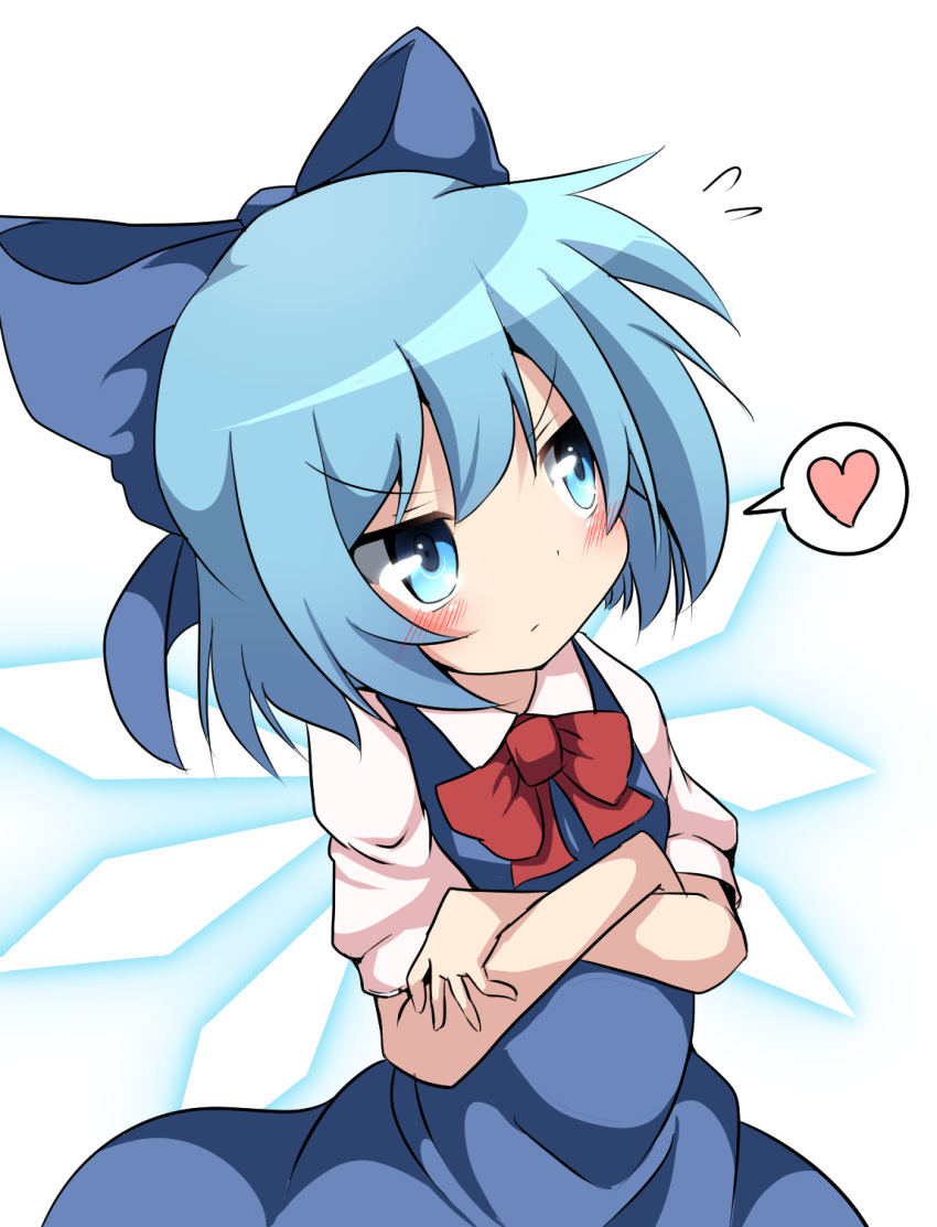 1girl, blue_eyes, blue_hair, blush, bow, cirno, crossed_arms, do_(4-rt), dress, hair_bow, heart, highres, short_hair, solo, touhou, wings