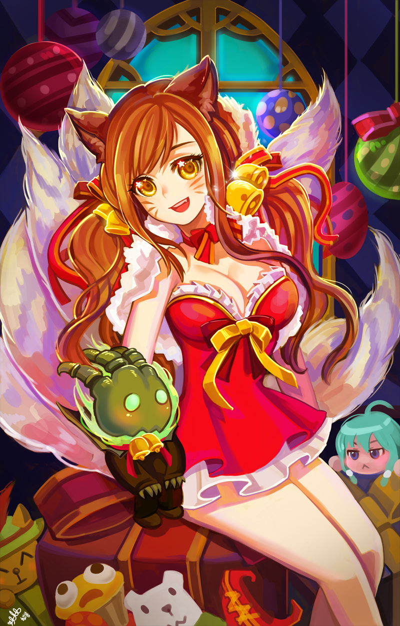 1girl, alternate_costume, alternate_hairstyle, animal_ears, black_hair, breasts, capelet, christmas