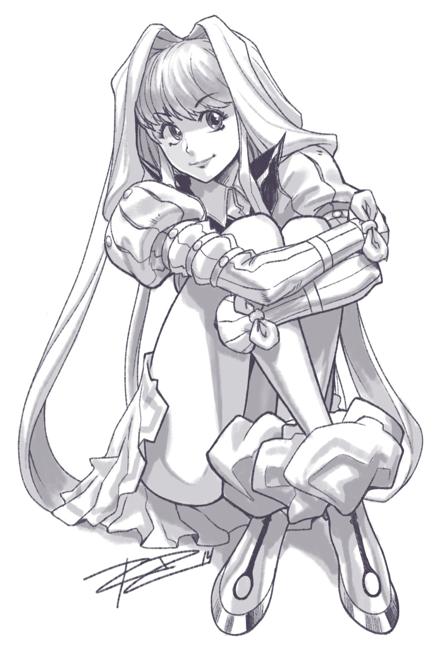1girl, boots, charlone_claudius, growlanser, growlanser_ii, highres, knees_on_chest, long_hair, monochrome, puffy_sleeves, robert_porter, sitting, smile, solo