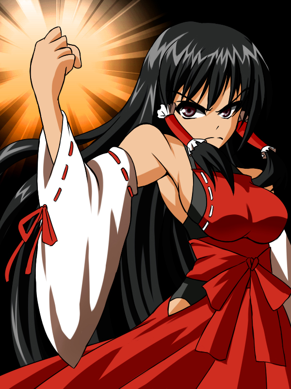 1girl, black_hair, breasts, brown_eyes, clenched_hand, detached_sleeves, hair_tubes, hakama