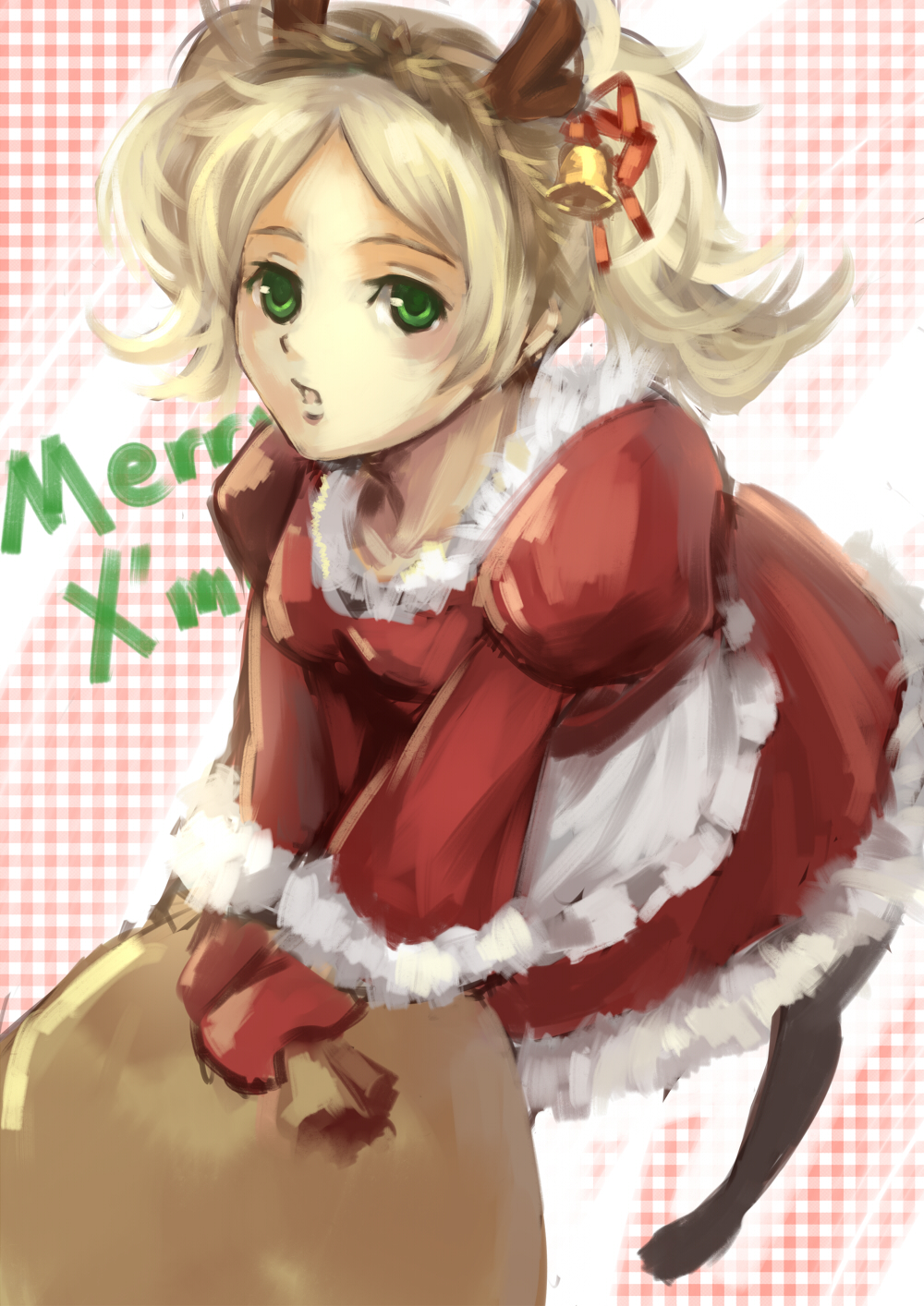 1girl, antlers, apron, bell, blonde_hair, bow, christmas, dress