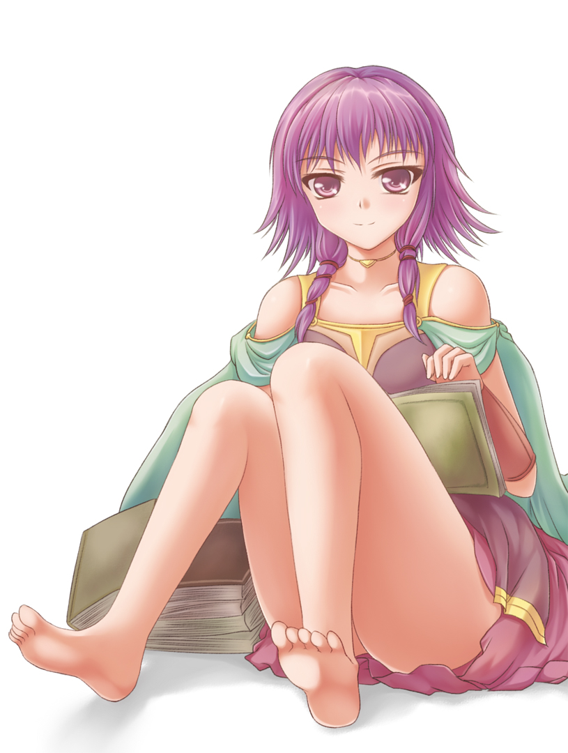 1girl, bare_shoulders, barefoot, book, bracer, cape, choker, dress