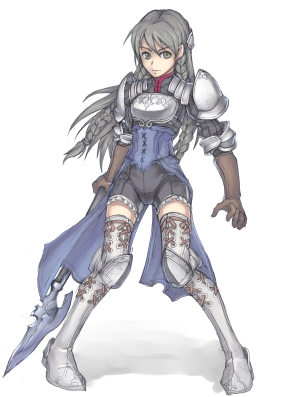 1girl, armor, boots, braid, full_body, gloves, greaves, grey_eyes, grey_hair, long_hair, pauldrons, pigeon-toed, polearm, ravness_loxaerion, shorts, simple_background, solo, spear, tactics_ogre, thigh_boots, thighhighs, toranohige_(pixiv), twin_braids, weapon