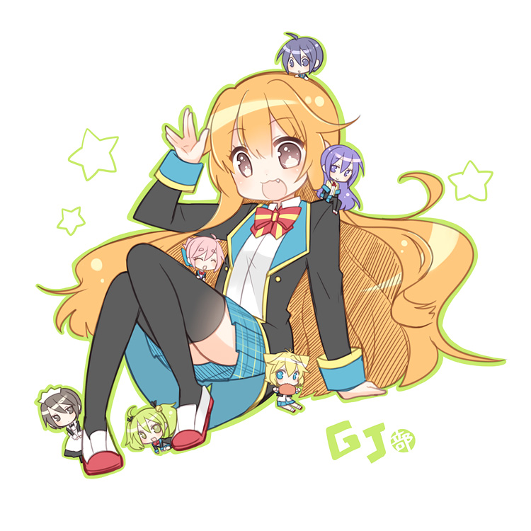 1boy, 6+girls, :3, amatsuka_mao, amatsuka_megumi_(gj-bu), arm_support, aruya_(flosrota), bell